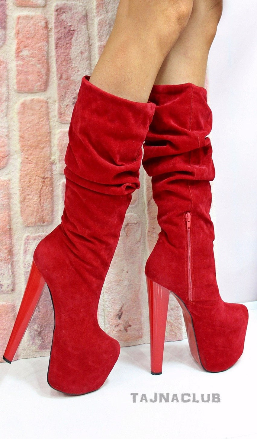RED SUEDE MIDCALF CHUNKY HEEL BOOTS