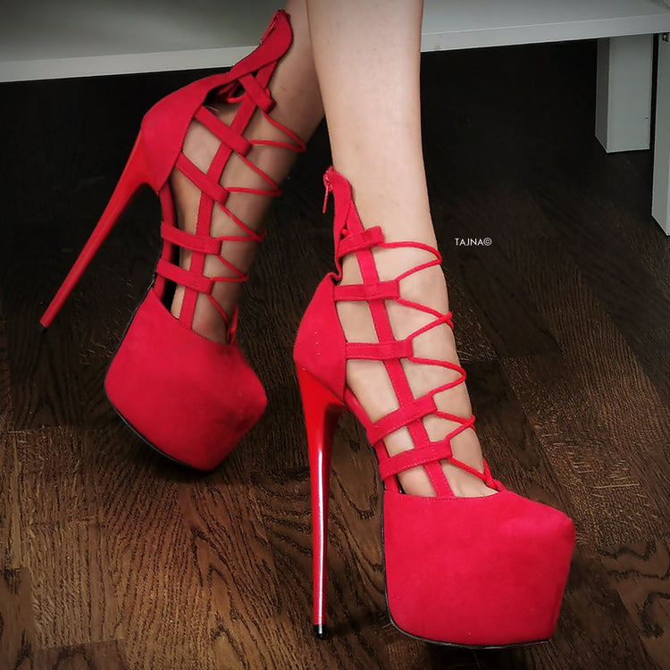 Red Suede Bondage Side Lace Heels - Tajna Club