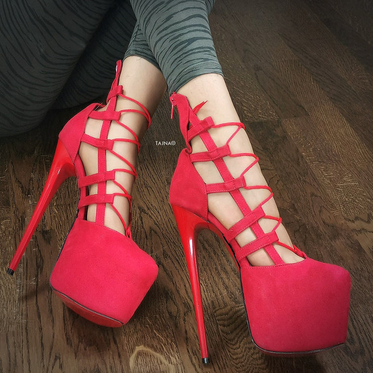 Red Suede Bondage Side Lace Heels - Tajna Club