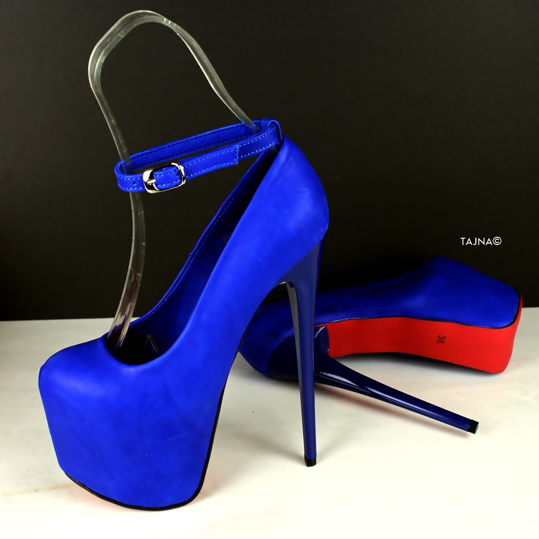 Real Leather Blue Ankle Strap Pumps - Tajna Club