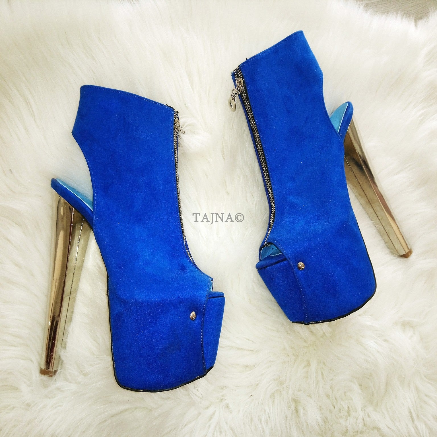 Zipper Detail Silver Heel Saxe Blue Peep Toe Platform Booties Tajna Shoes Tajna Club