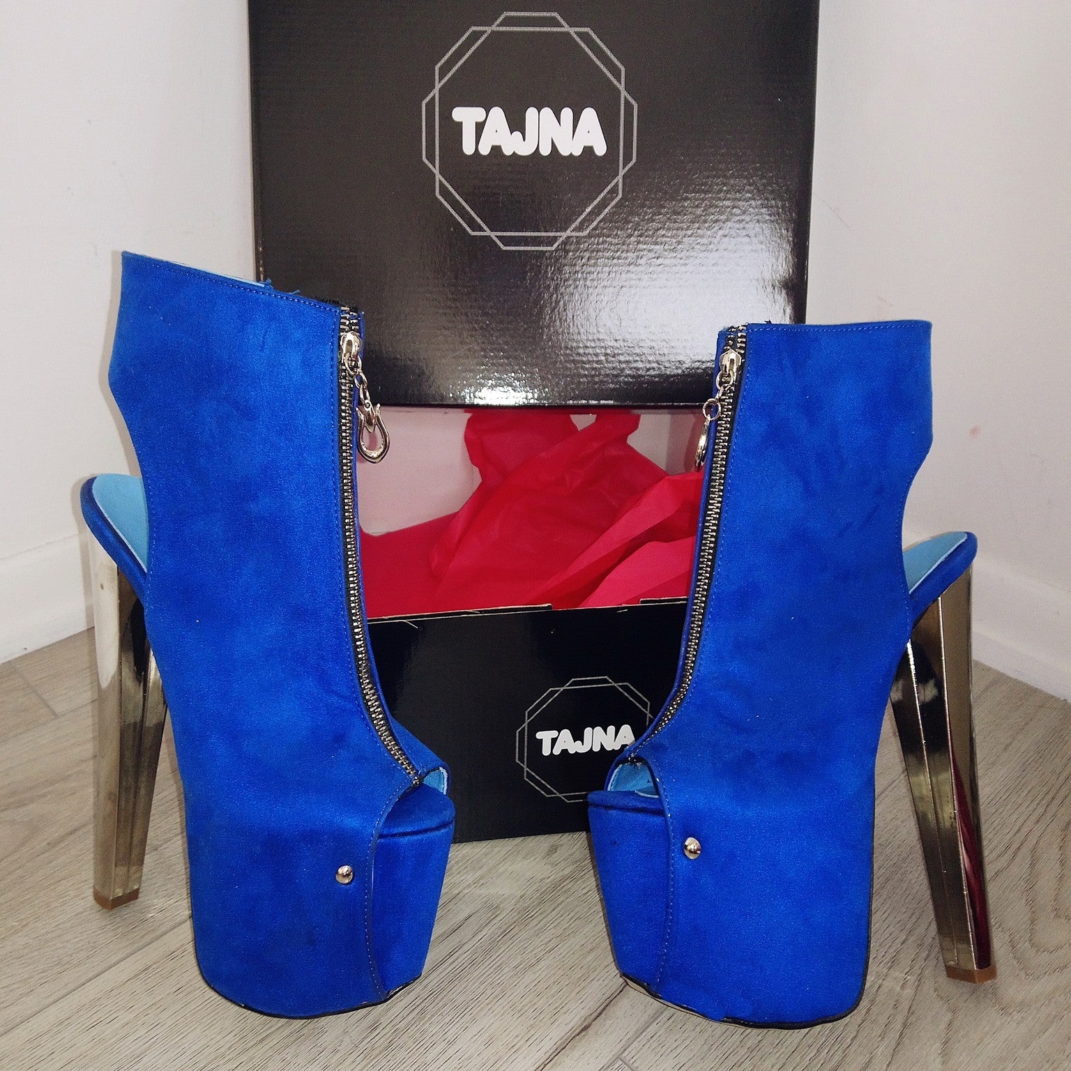 Zipper Detail Silver Heel Saxe Blue Peep Toe Platform Booties - Tajna Club