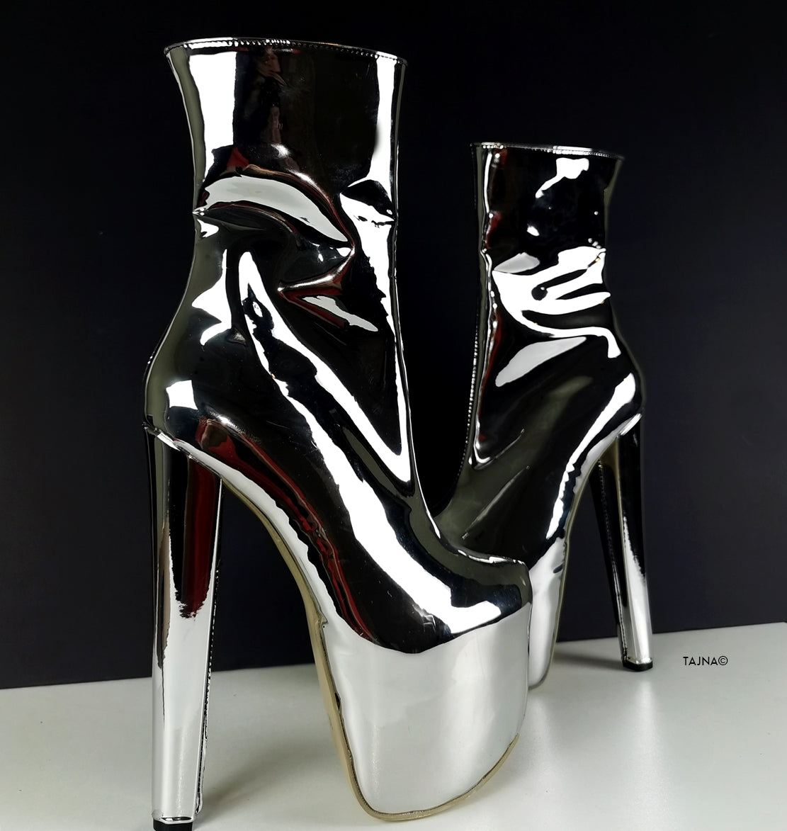 Silver Mirror High Heel Chunky Boots - Tajna Club