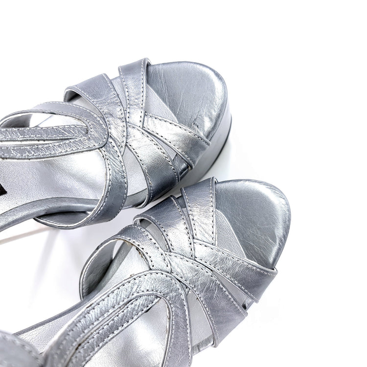 Silver Leather Metallic Heel T Strap Sandals