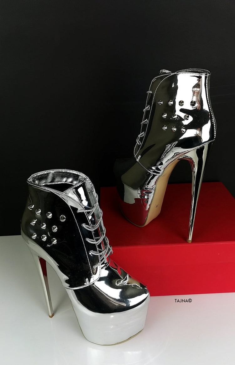Lace Up Silver Mirror Spike Boots - Tajna Club
