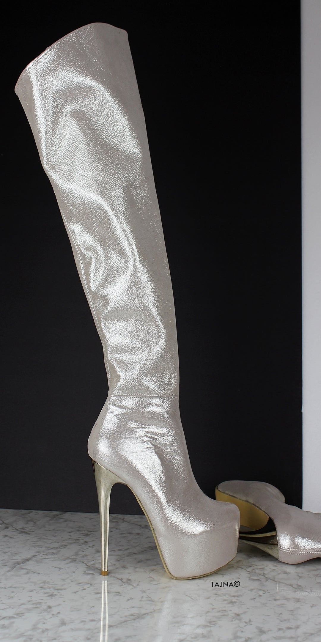 Silver Genuine Leather Over The Knee Boots - Tajna Club
