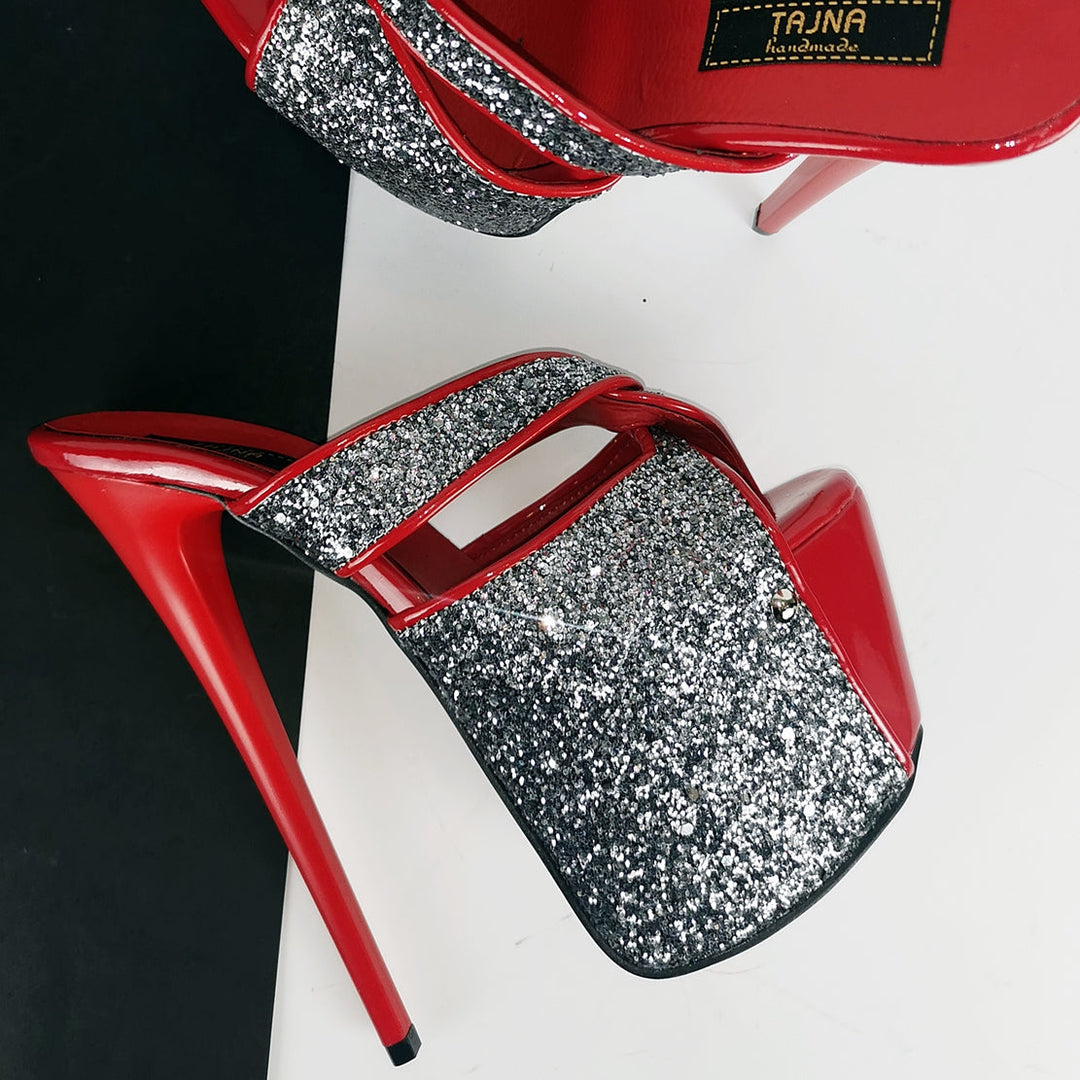 Red Silver Glitter Detail Stiletto Mules - Tajna Club
