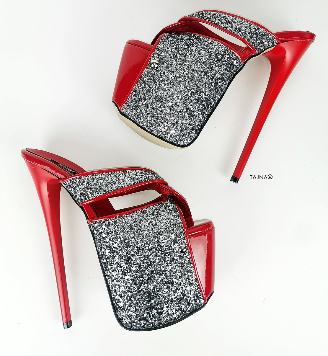 Red Silver Glitter Detail Stiletto Mules - Tajna Club