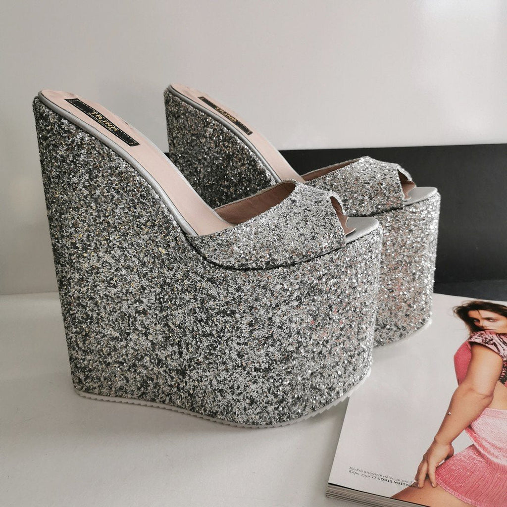 Silver Glitter Shine Extra High Wedge Mules Tajna Shoes Tajna Club