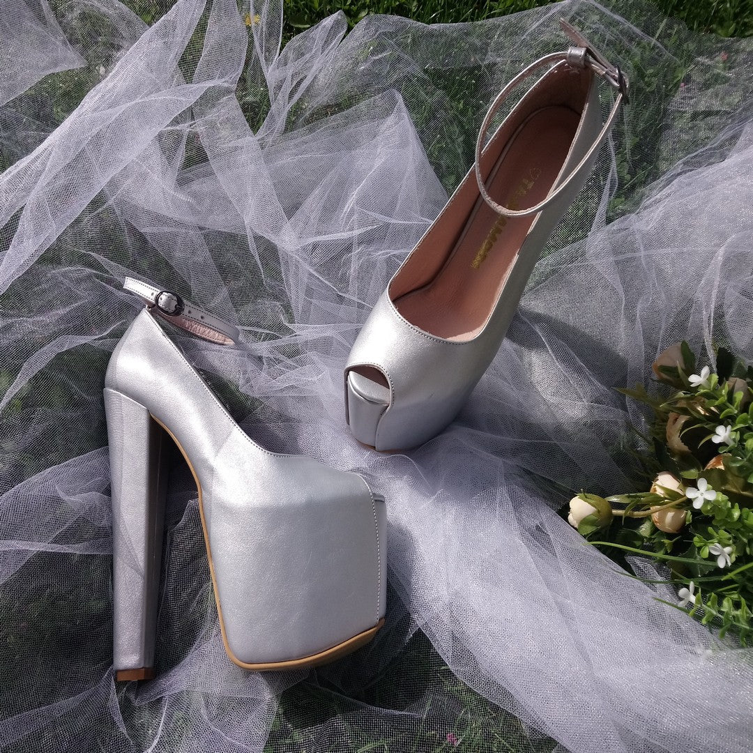 Silver Peep Toe Ankle Strap Wedding Shoes - Tajna Club