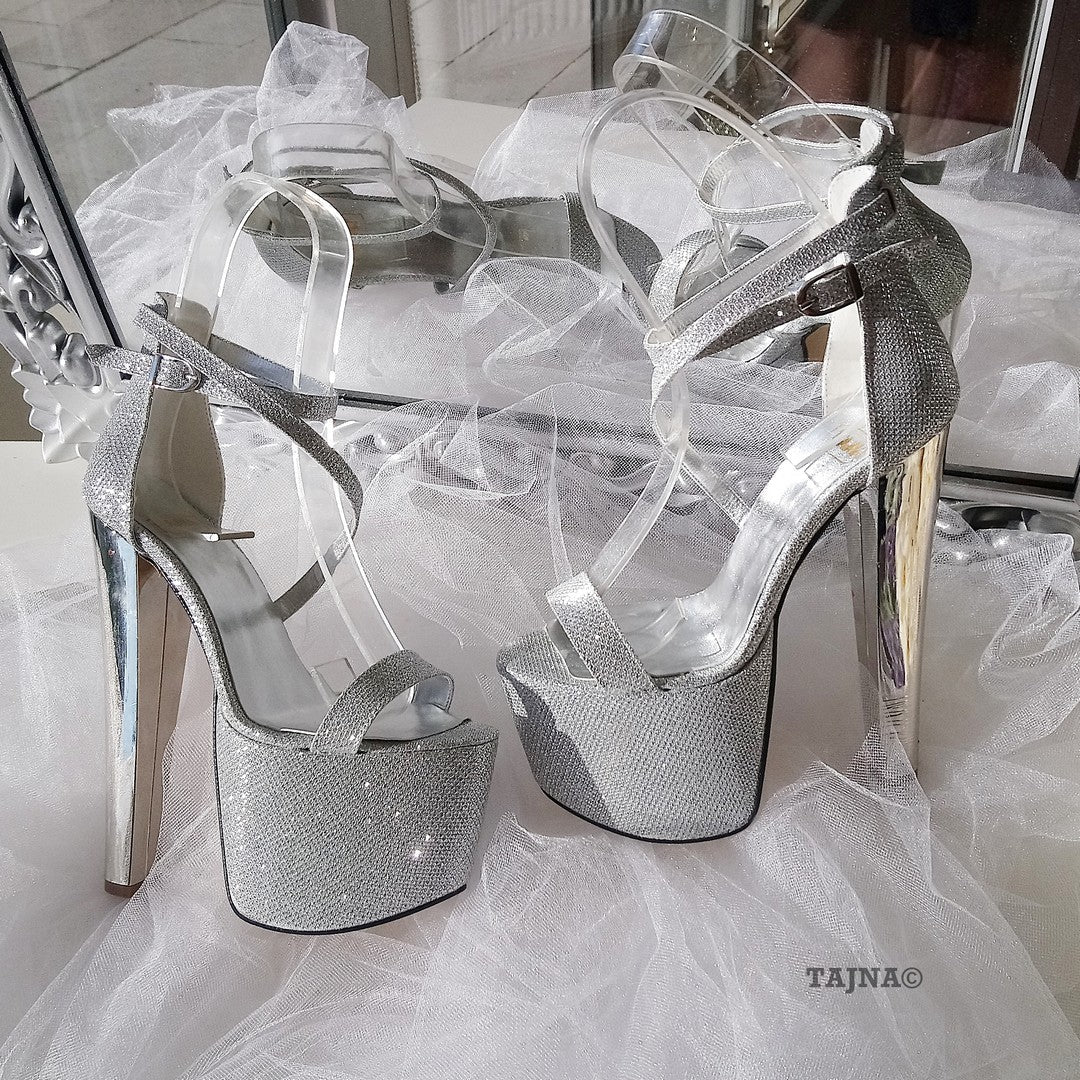 Ankle Strap Silver Shimmer 19 cm High Heel Platform Shoes - Tajna Club