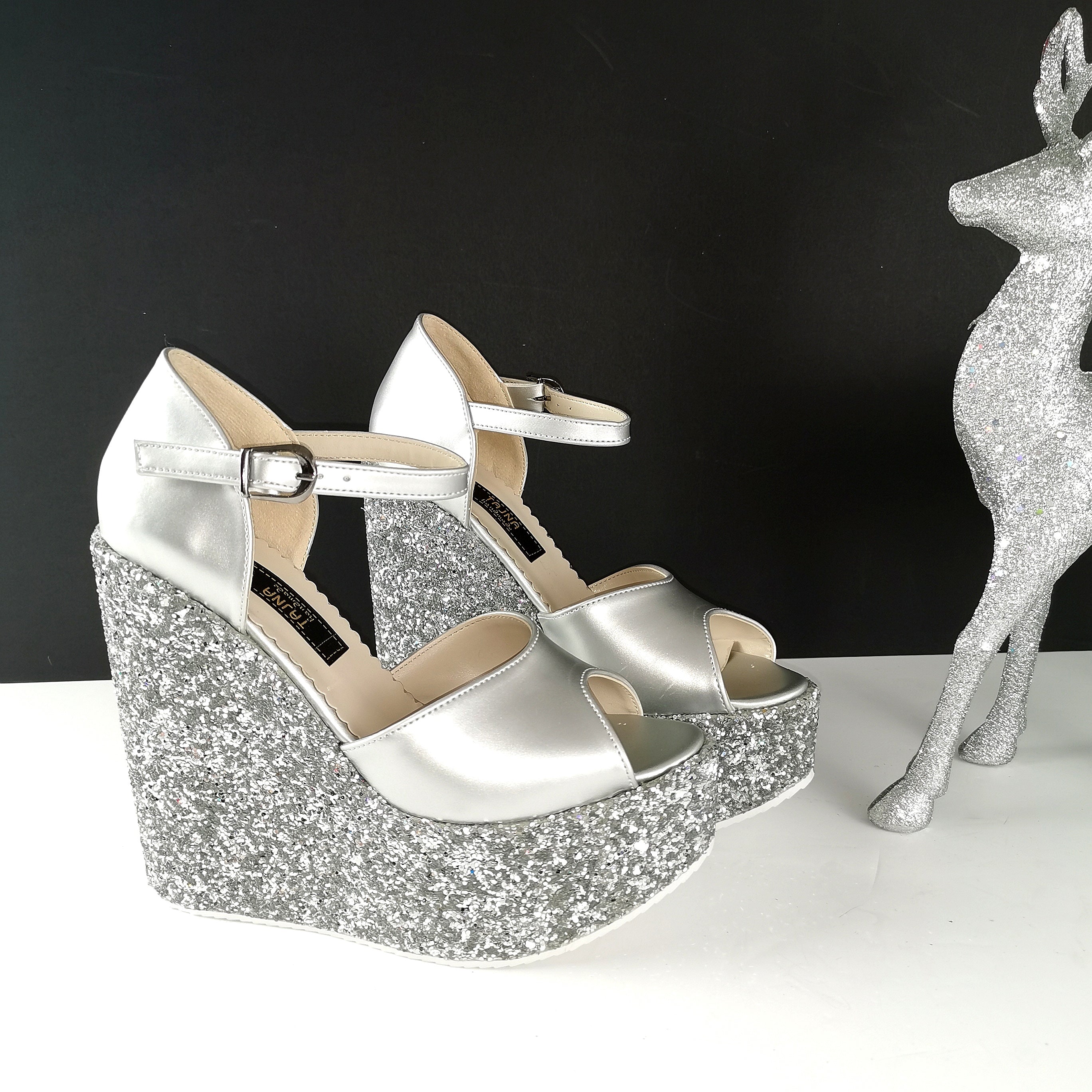 Silver glitter wedge shoes deals