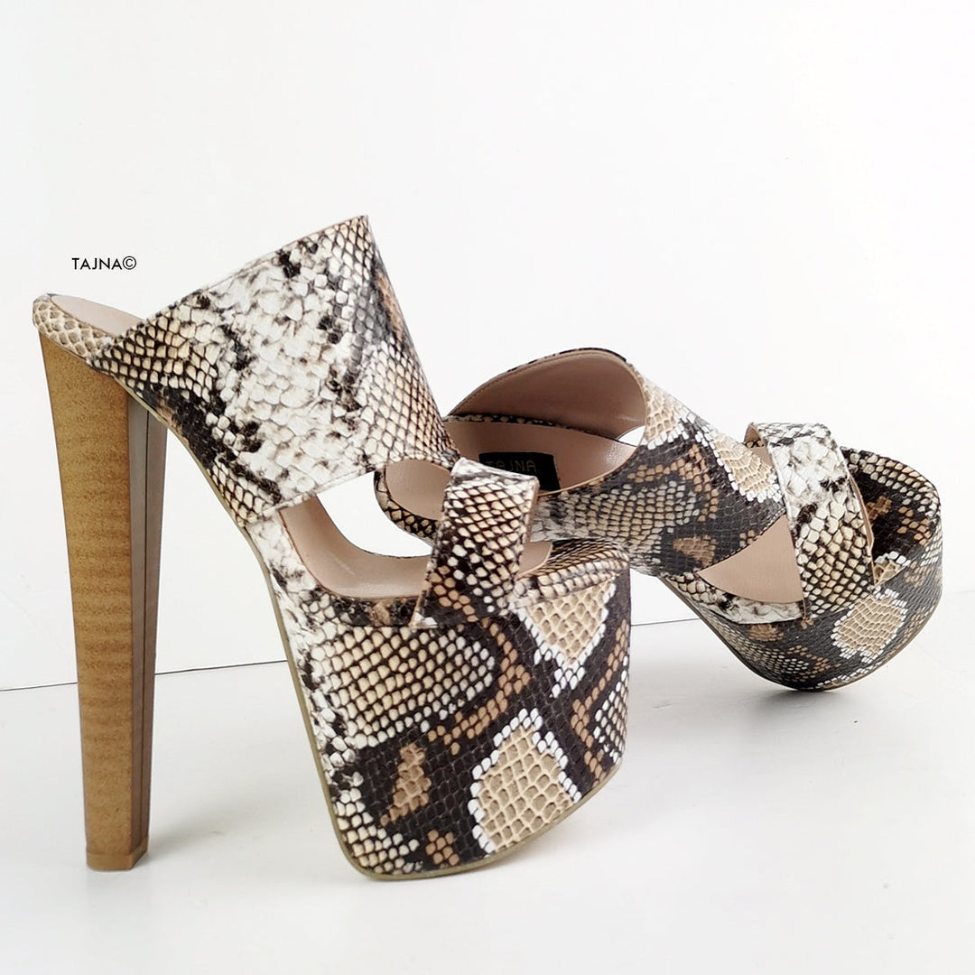 Snake Print High Heel Mules - Tajna Club