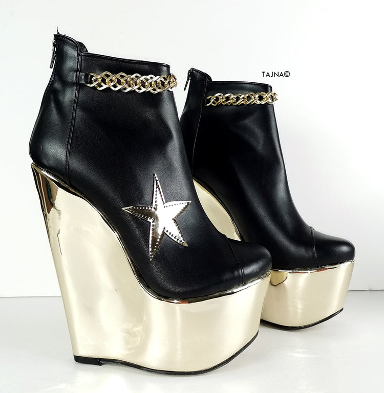 Black Gold Star Detail Ankle Wedges - Tajna Club