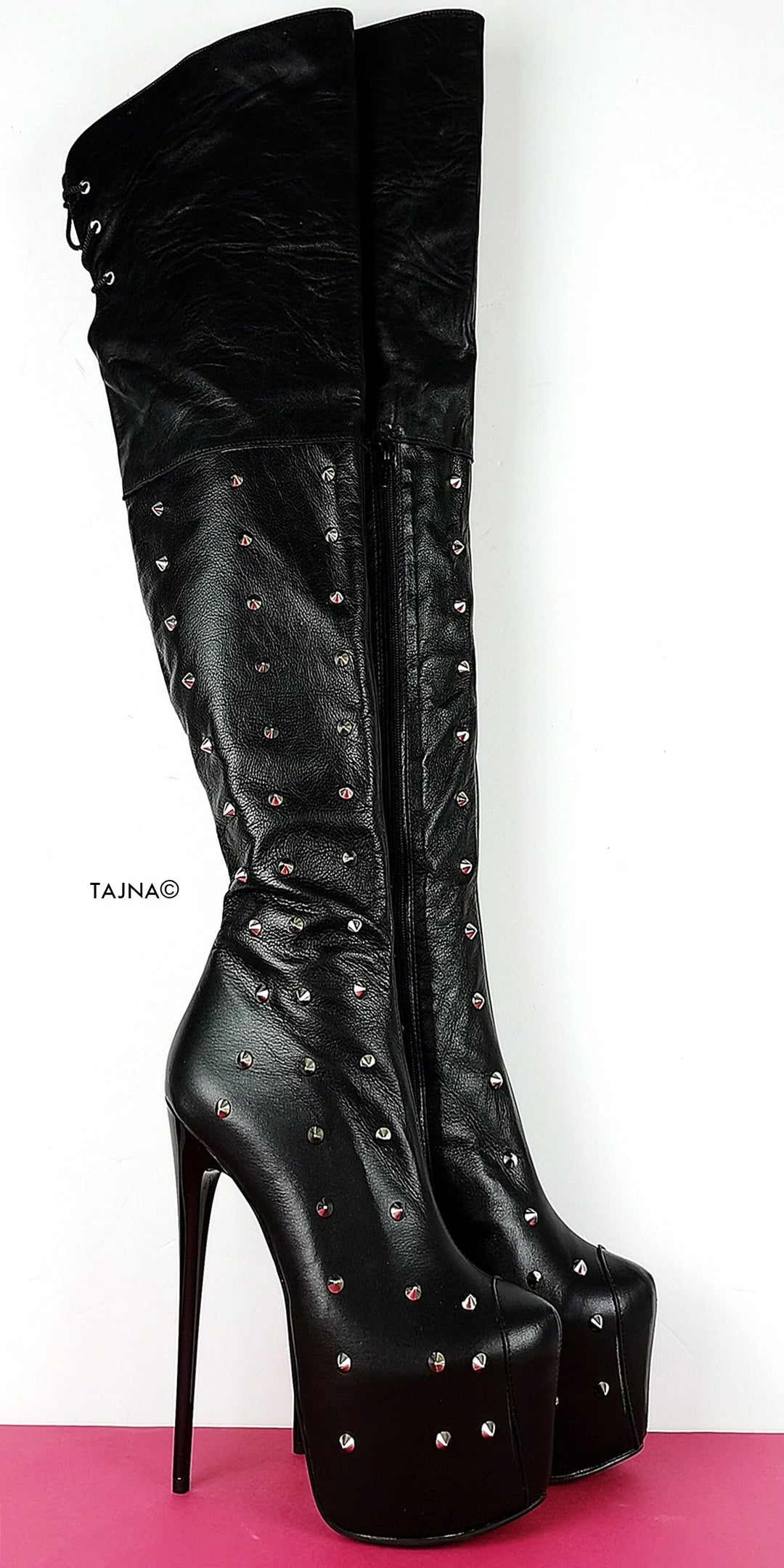 Studded Genuine Leather Black Knee High Boots - Tajna Club