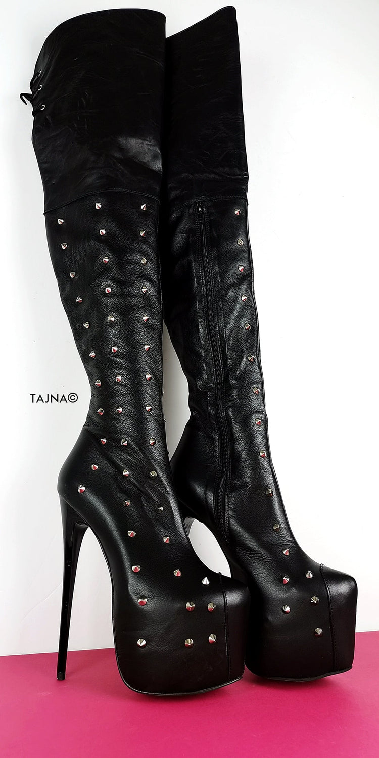 Studded Genuine Leather Black Knee High Boots - Tajna Club