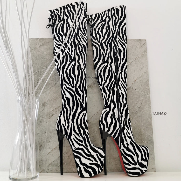 Zebra Design Over Knee High Heel Boots - Tajna Club