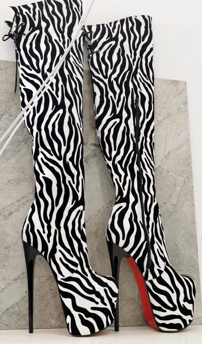 Zebra Design Over Knee High Heel Boots - Tajna Club