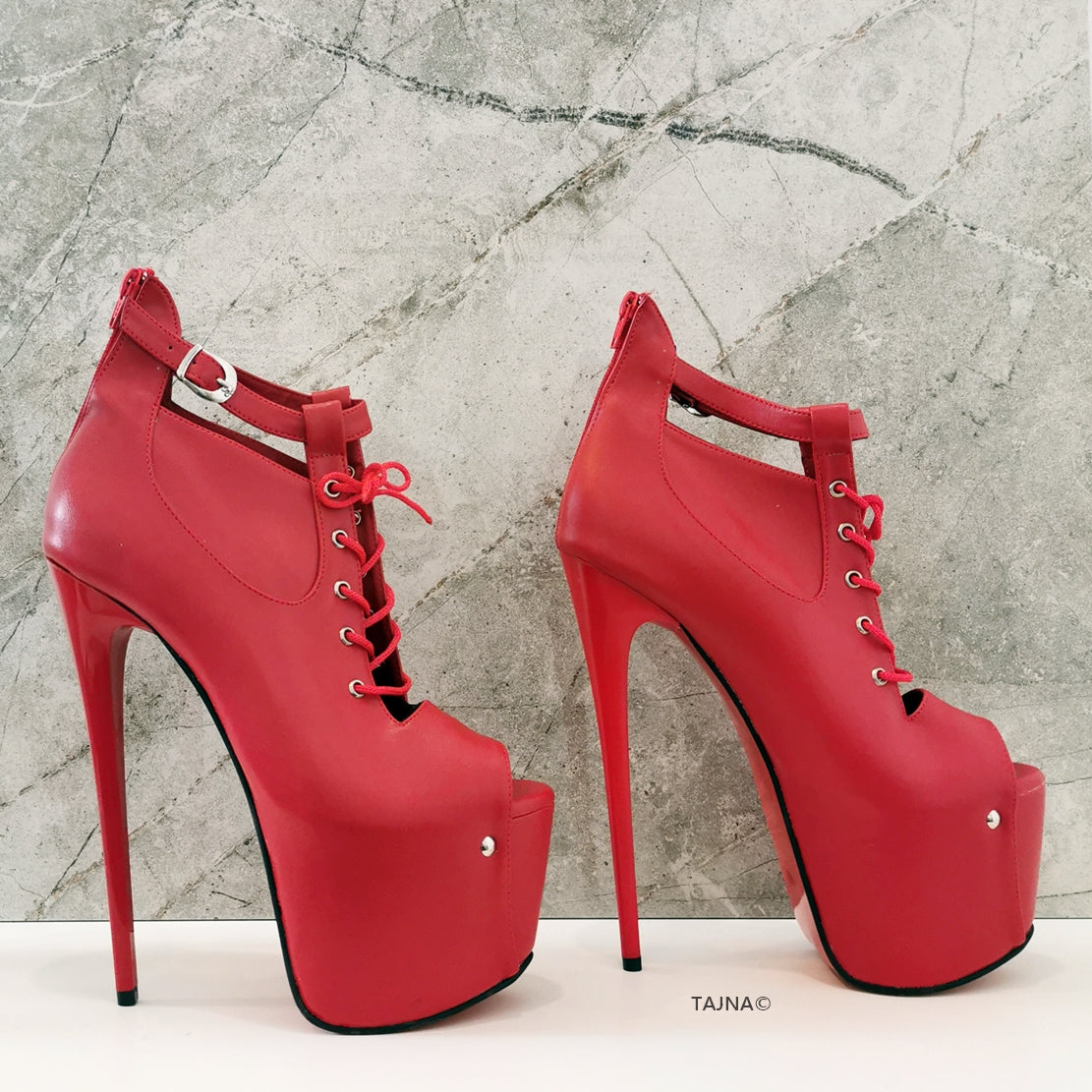 Red Peep Toe Designer Ankle Platforms - Tajna Club