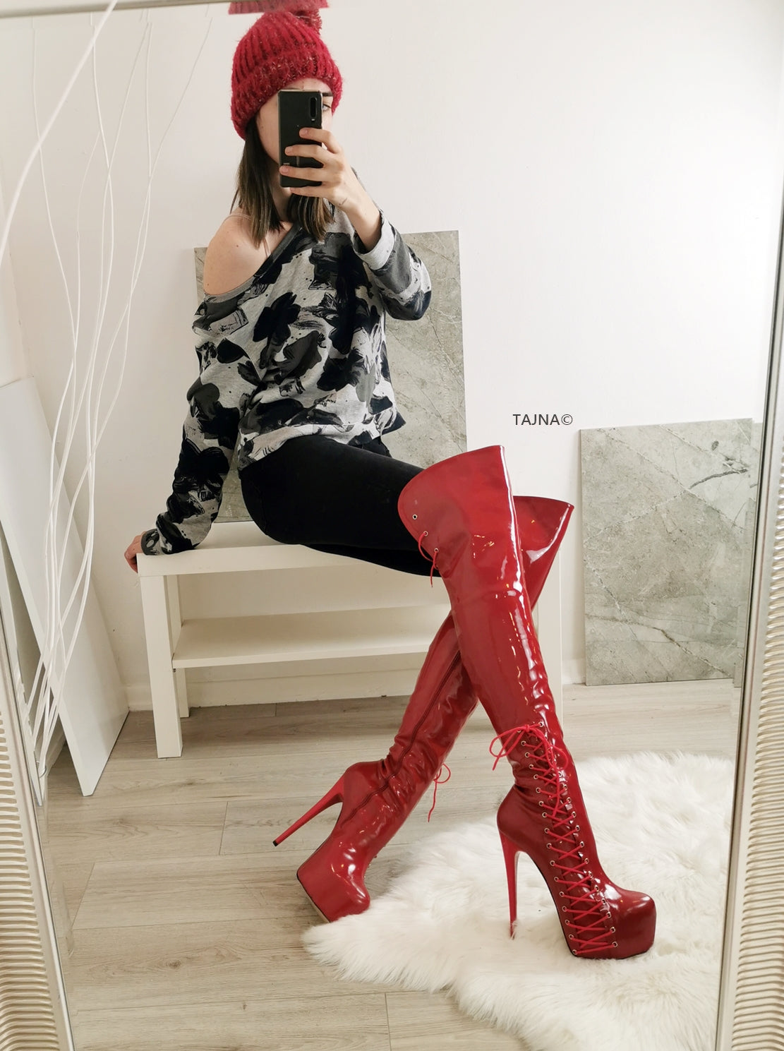 Patent Red Corset Knee High Platform Boots | Tajna Shoes – Tajna Club