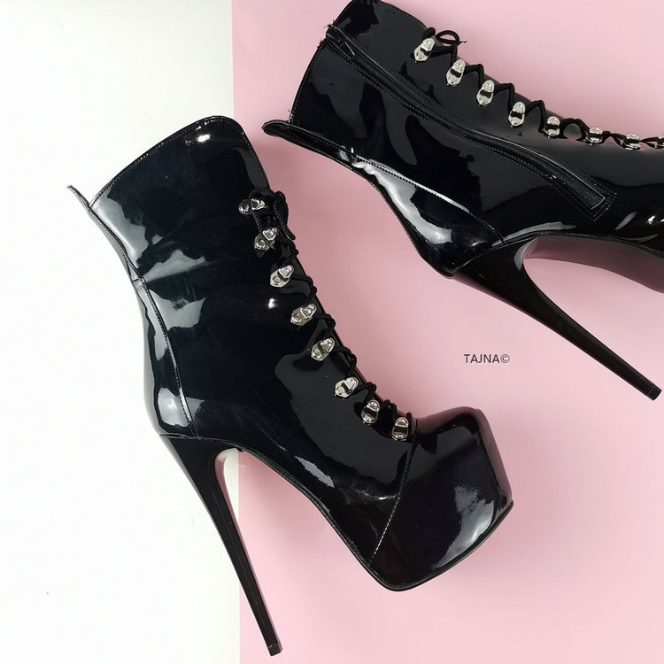 Black Patent Military Style Ankle Boots - Tajna Club