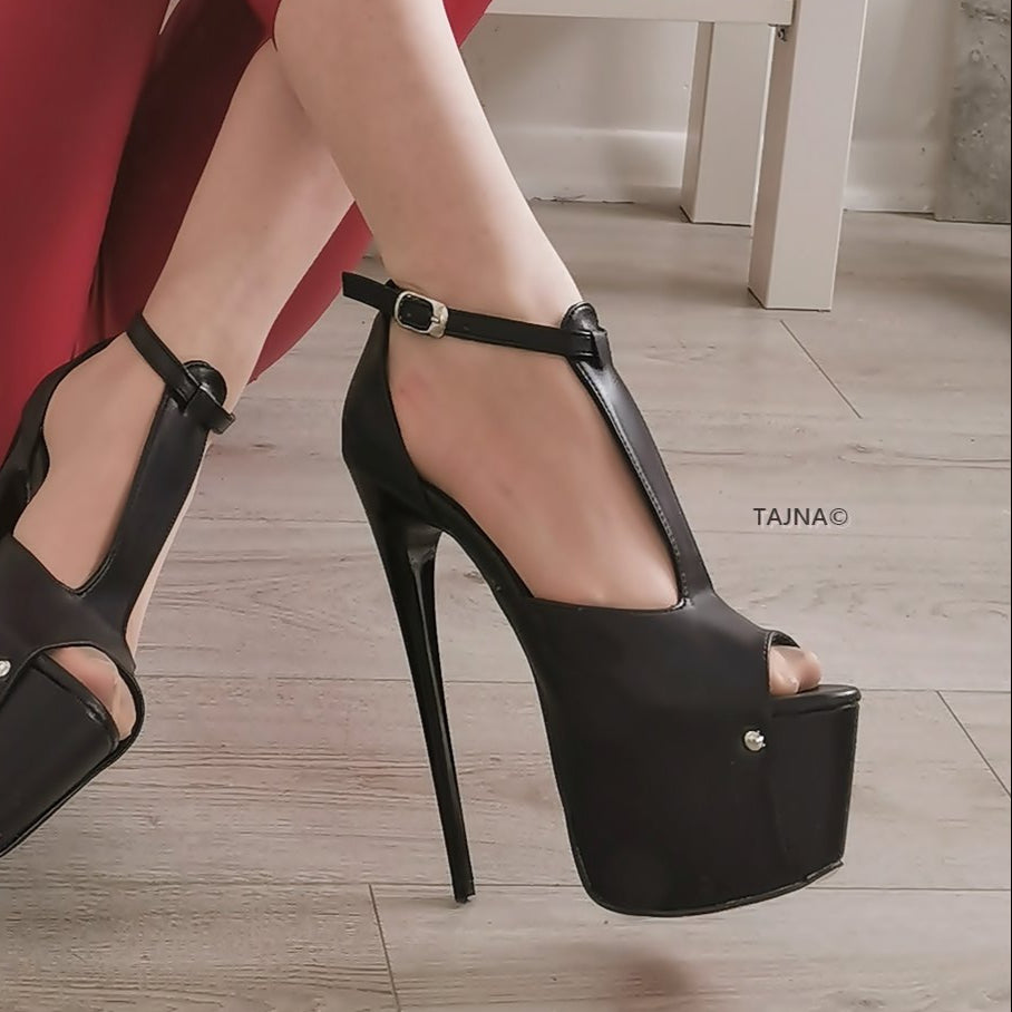 Black T Strap Peep Toe Platform Pumps - Tajna Club
