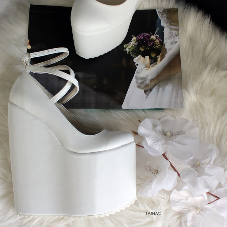 White Strap Lace Up Mega Bridal Wedges | Tajna Club