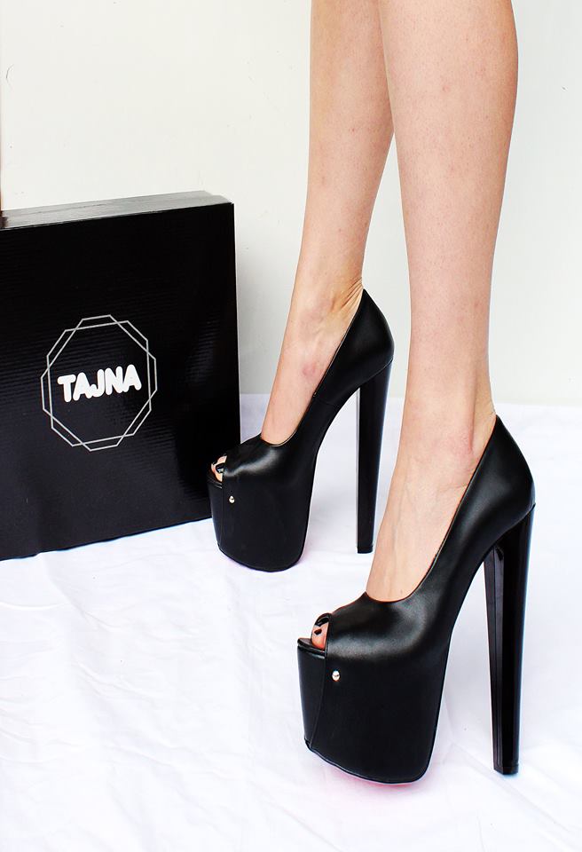 Black Peep Toe Chunky High Heel Platform Shoes 19 cm - Tajna Club