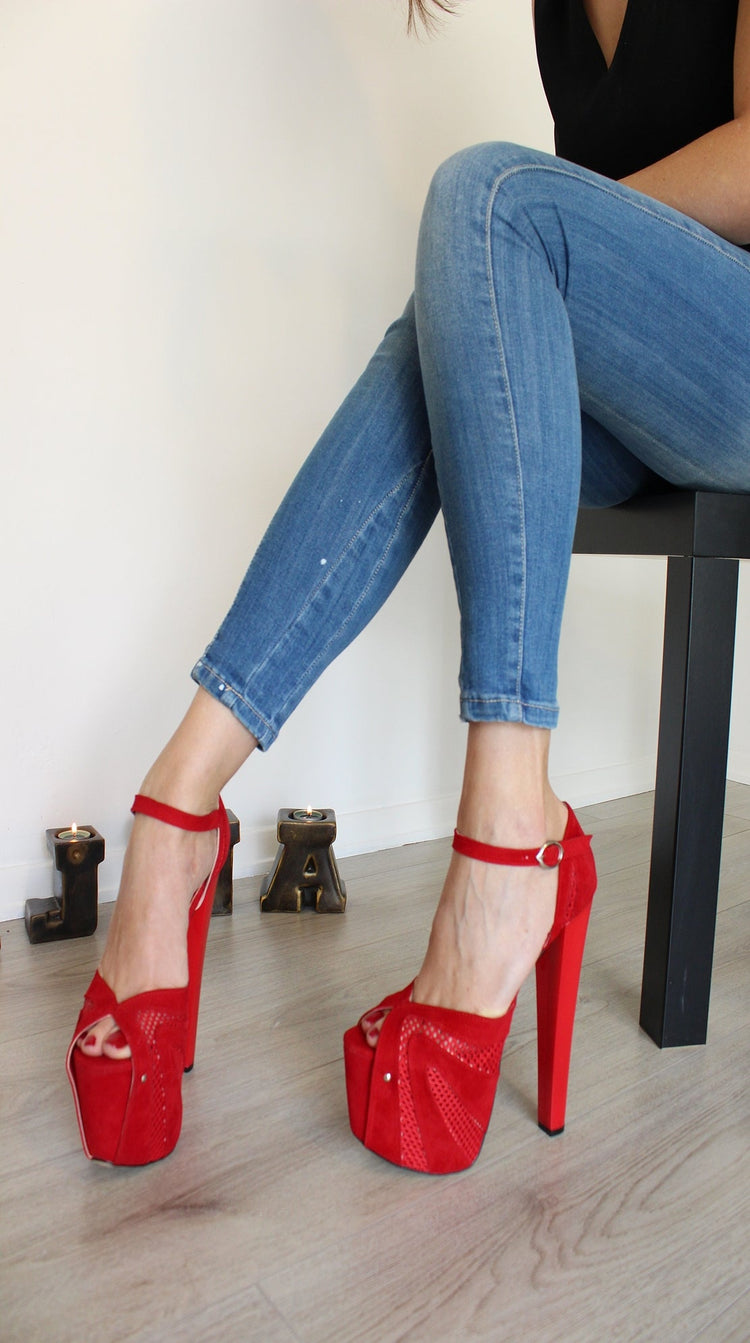 Red Fillet Peep Toe Ankle Strap 19 cm High Heels - Tajna Club