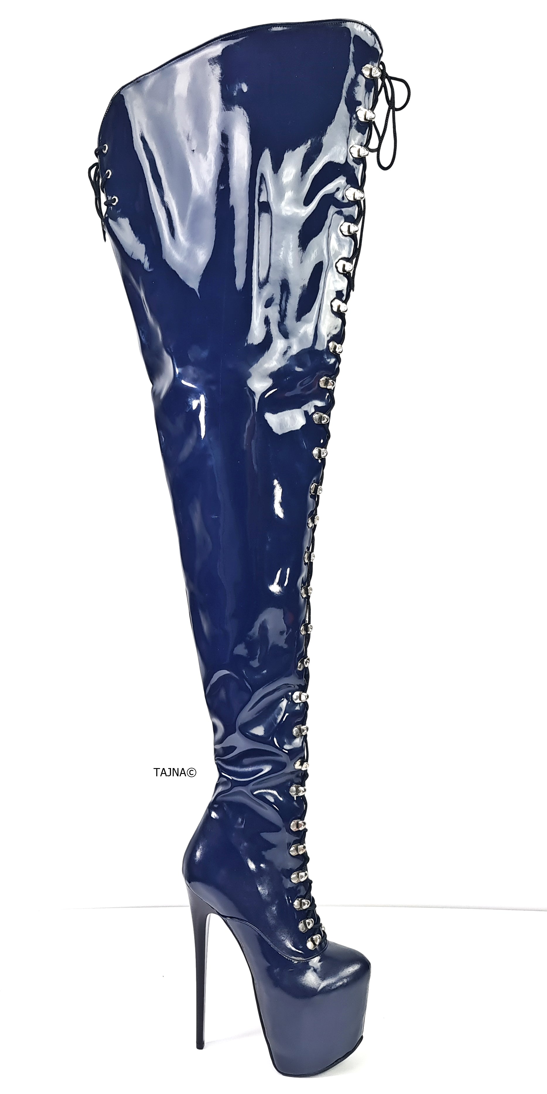 Blue Gloss 80 cms Long Thigh High Military Boots