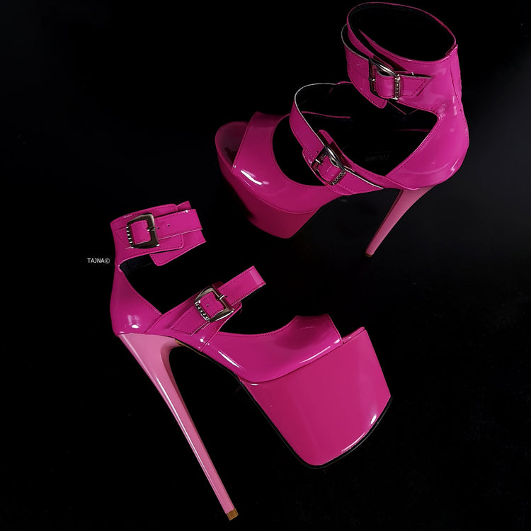 Pink Gloss Double Belted Ankle Cut Heels Tajna Club