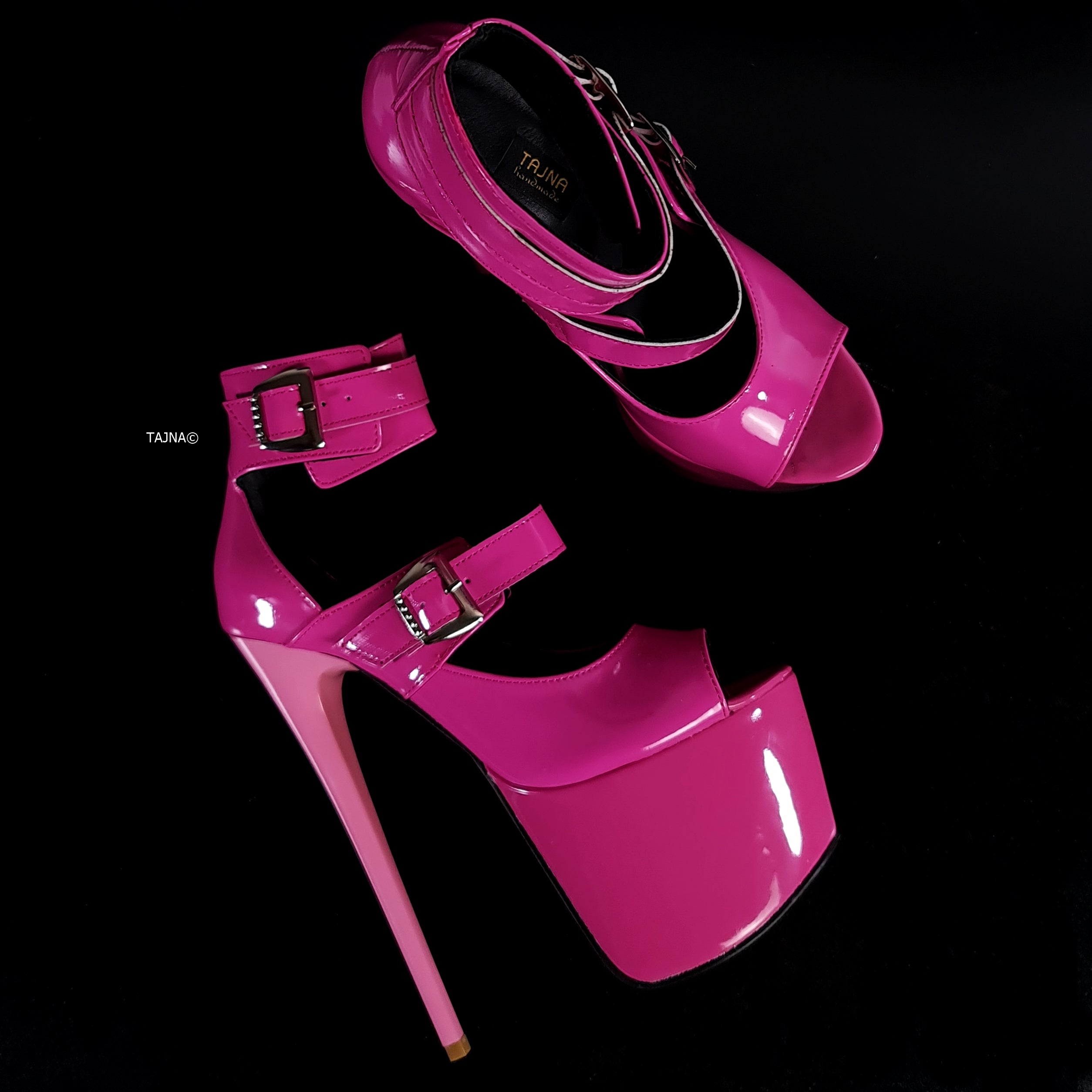 Pink Gloss Double Belted Ankle Cut Heels Tajna Club