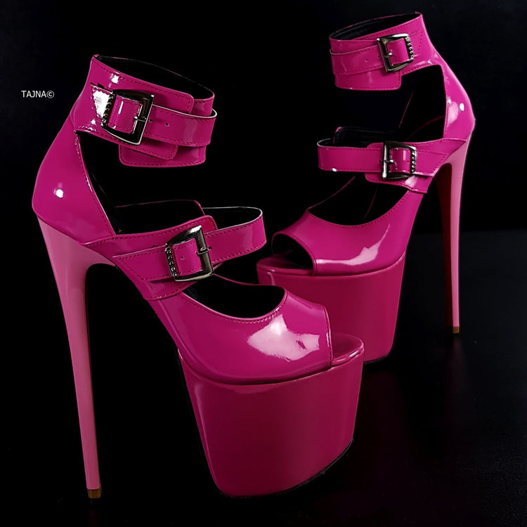 Pink Gloss Double Belted Ankle Cut Heels Tajna Club