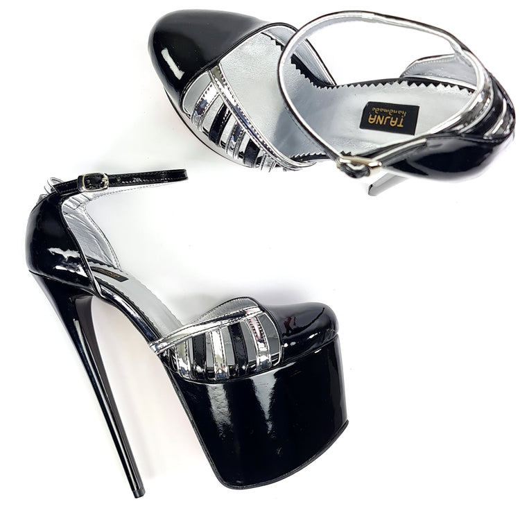 Silver Detail Black Gloss Ankle Strap Heels Tajna Club