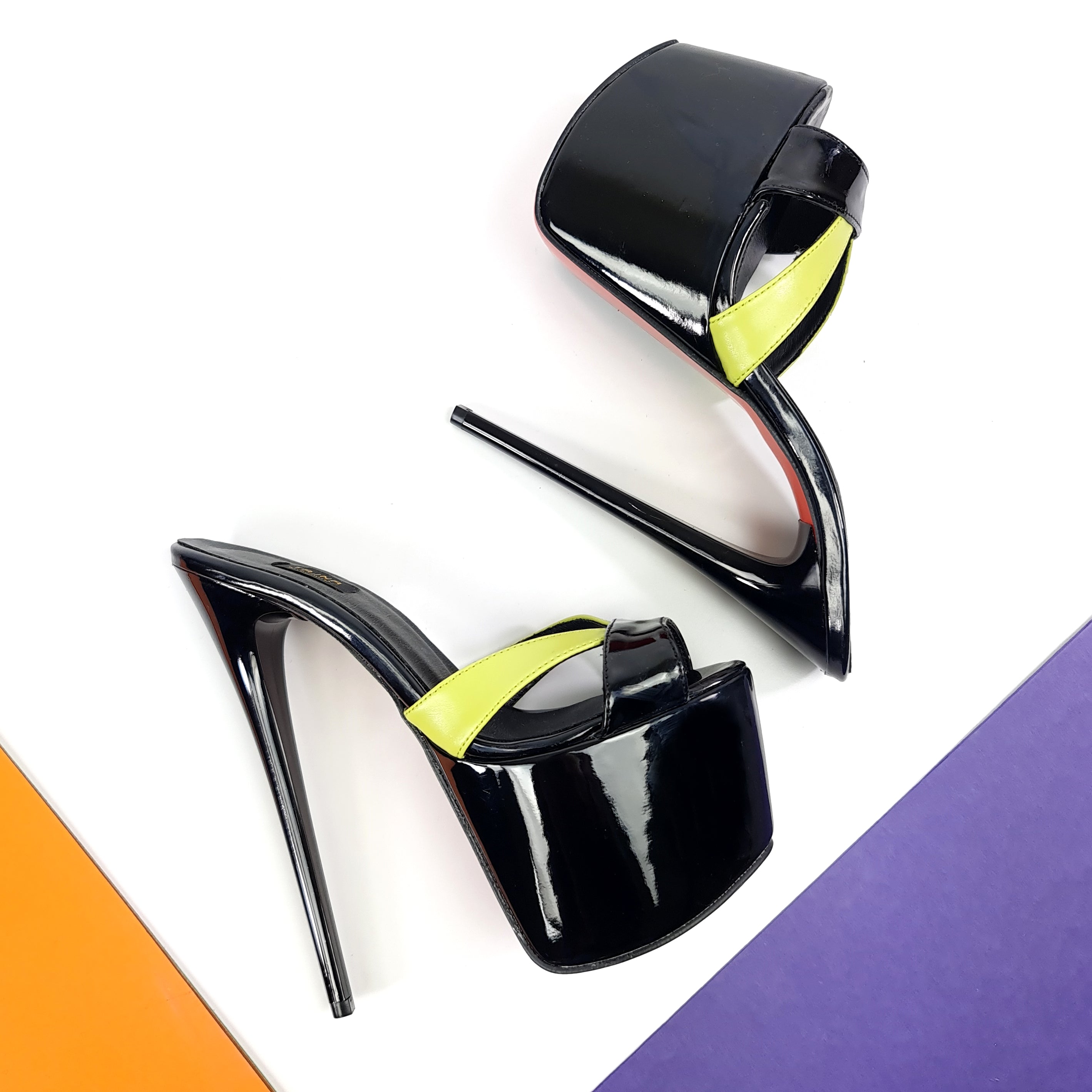Yellow Gloss Black Strap High Heel Mules | Tajna Shoes – Tajna Club