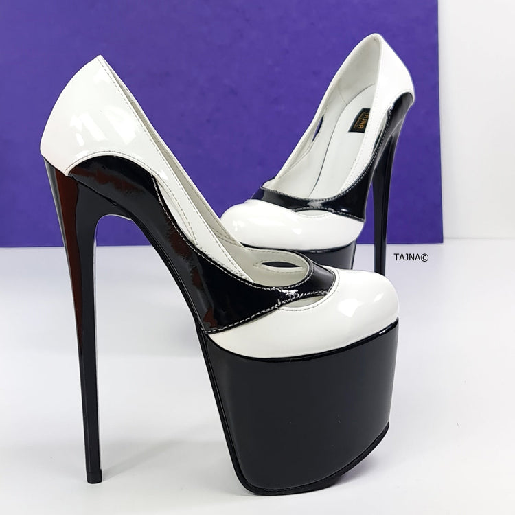 Detailed Black White Gloss  High Heel Pumps