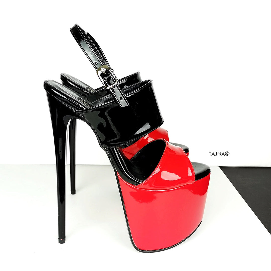 Red Black  Patent Sling Back High Heel Sandals - Tajna Club