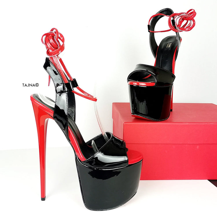 Black Red Gloss Lace Up High Heel Sandals - Tajna Club