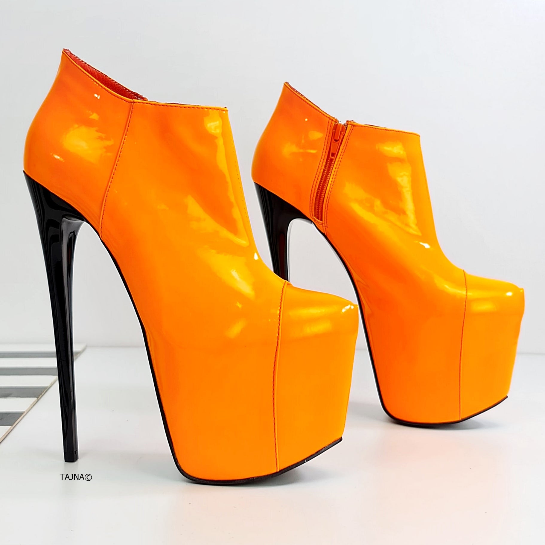 Orange Gloss Ankle Cut Pencil Booties