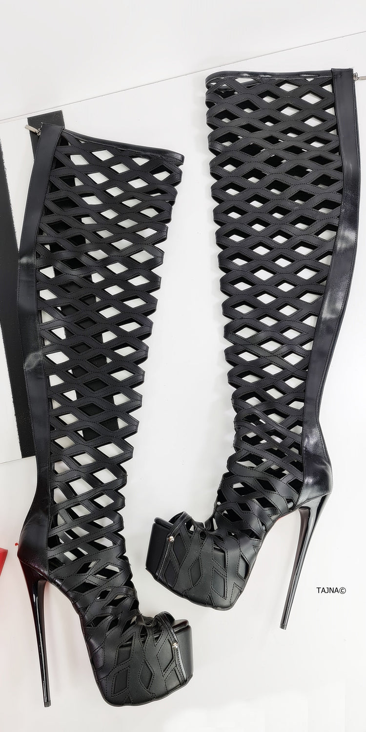 Black Matte Lazer Cut Thigh High Boots