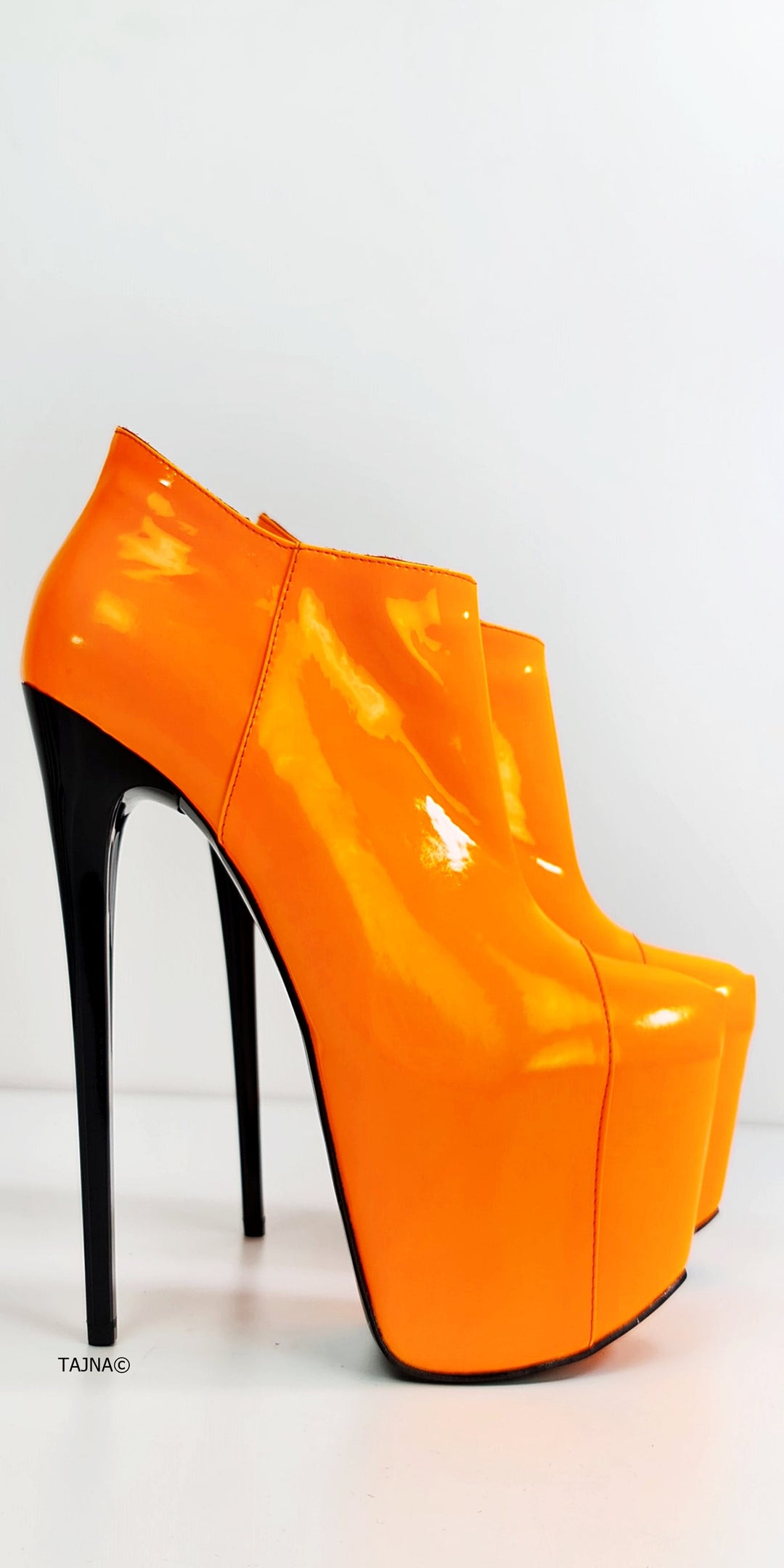 Orange Gloss Ankle Cut Pencil Booties