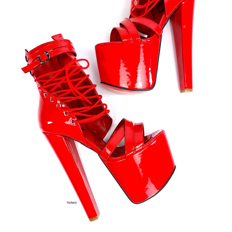 Red Gloss Side Lace Ankle Cut High Heels