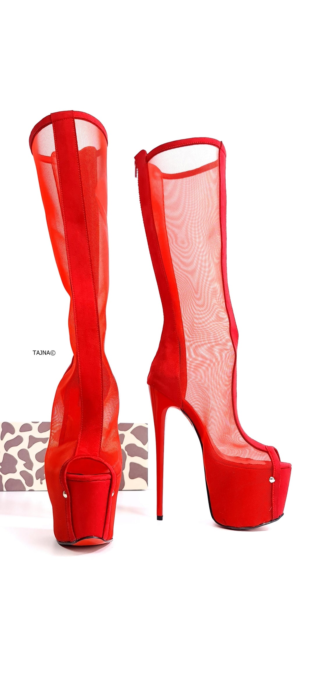 Red Transparent Mid Calf Heel Boots