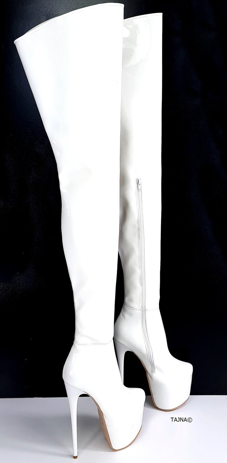 Glossy White Patent Thigh High Heel Boots