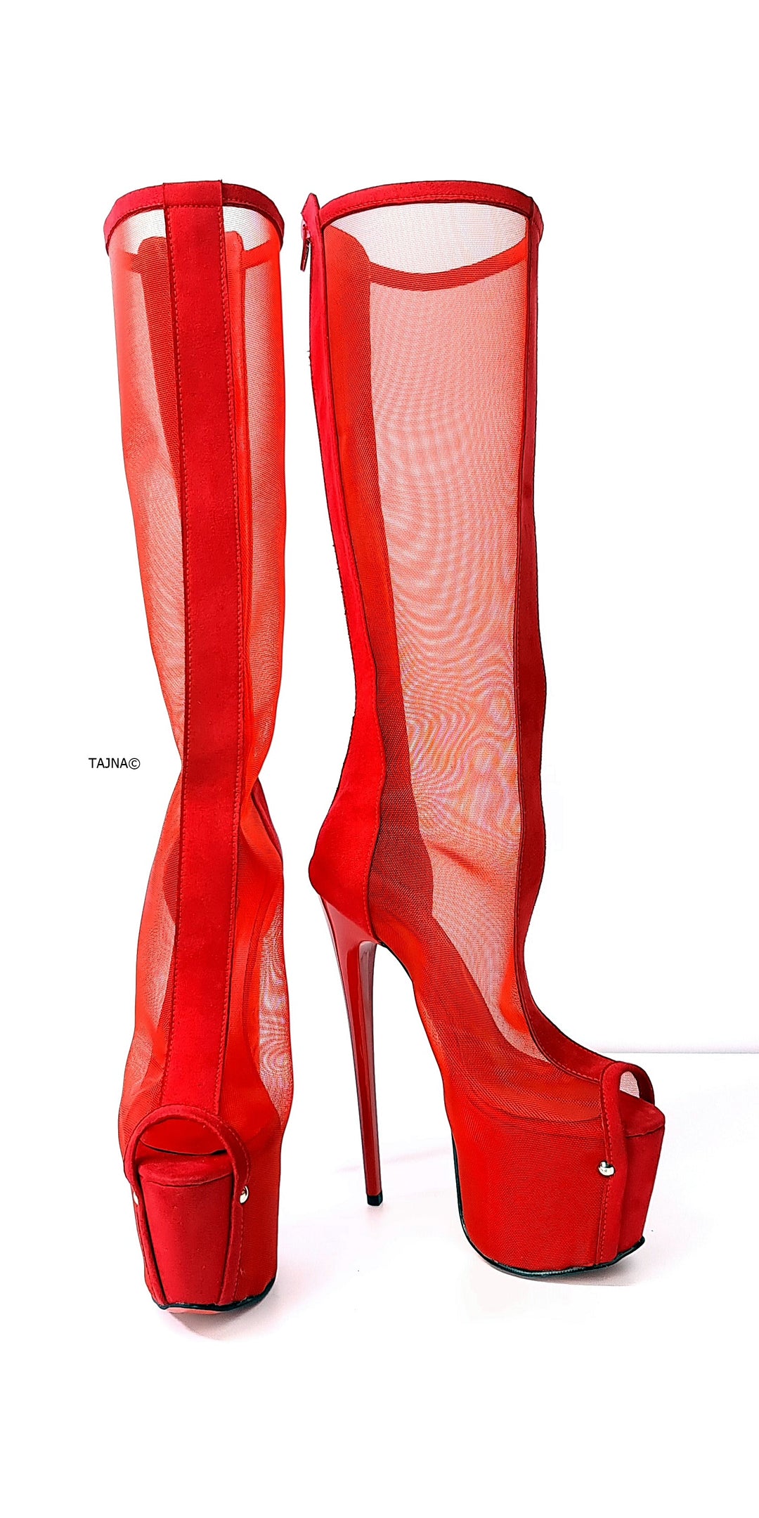 Red Transparent Mid Calf Heel Boots