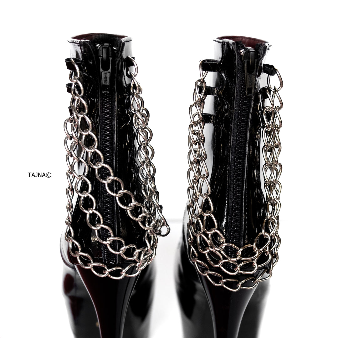 Chain Detailed Black Gloss Ankle Heels