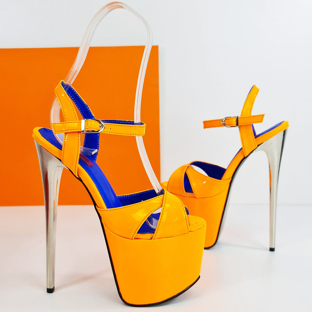 Orange Gloss Metallic Heel Sandals