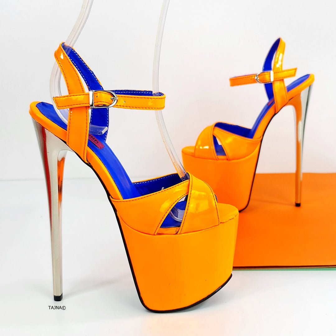 Orange Gloss Metallic Heel Sandals