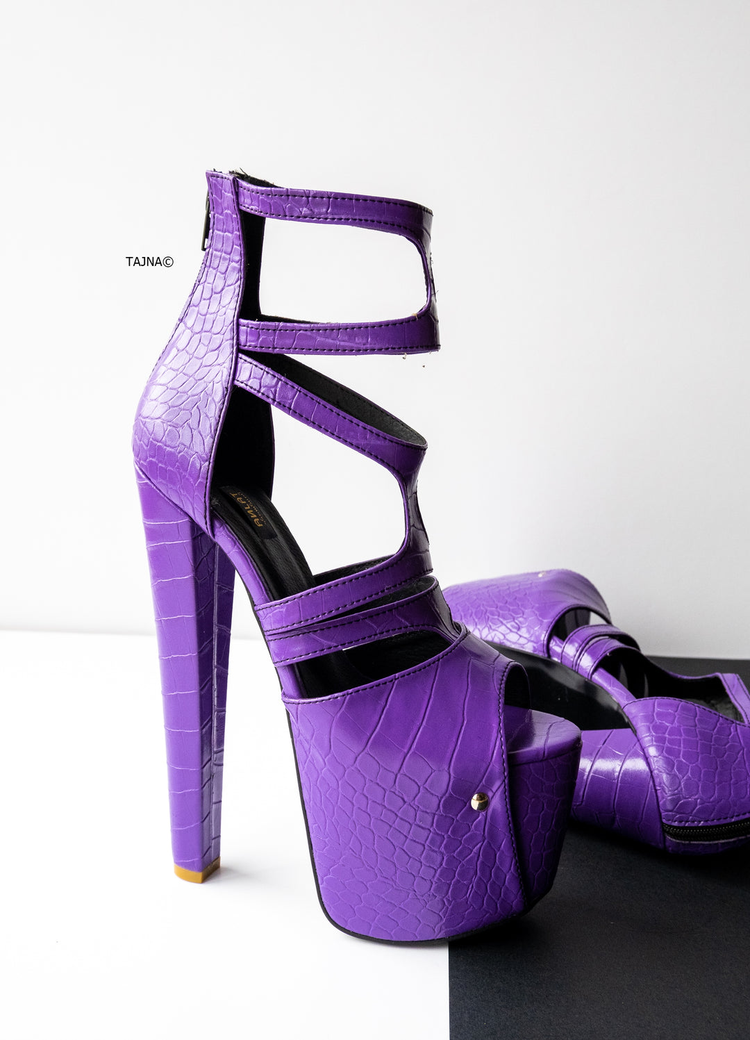Purple Croco Ankle Cut Open Toe High Heel Platforms