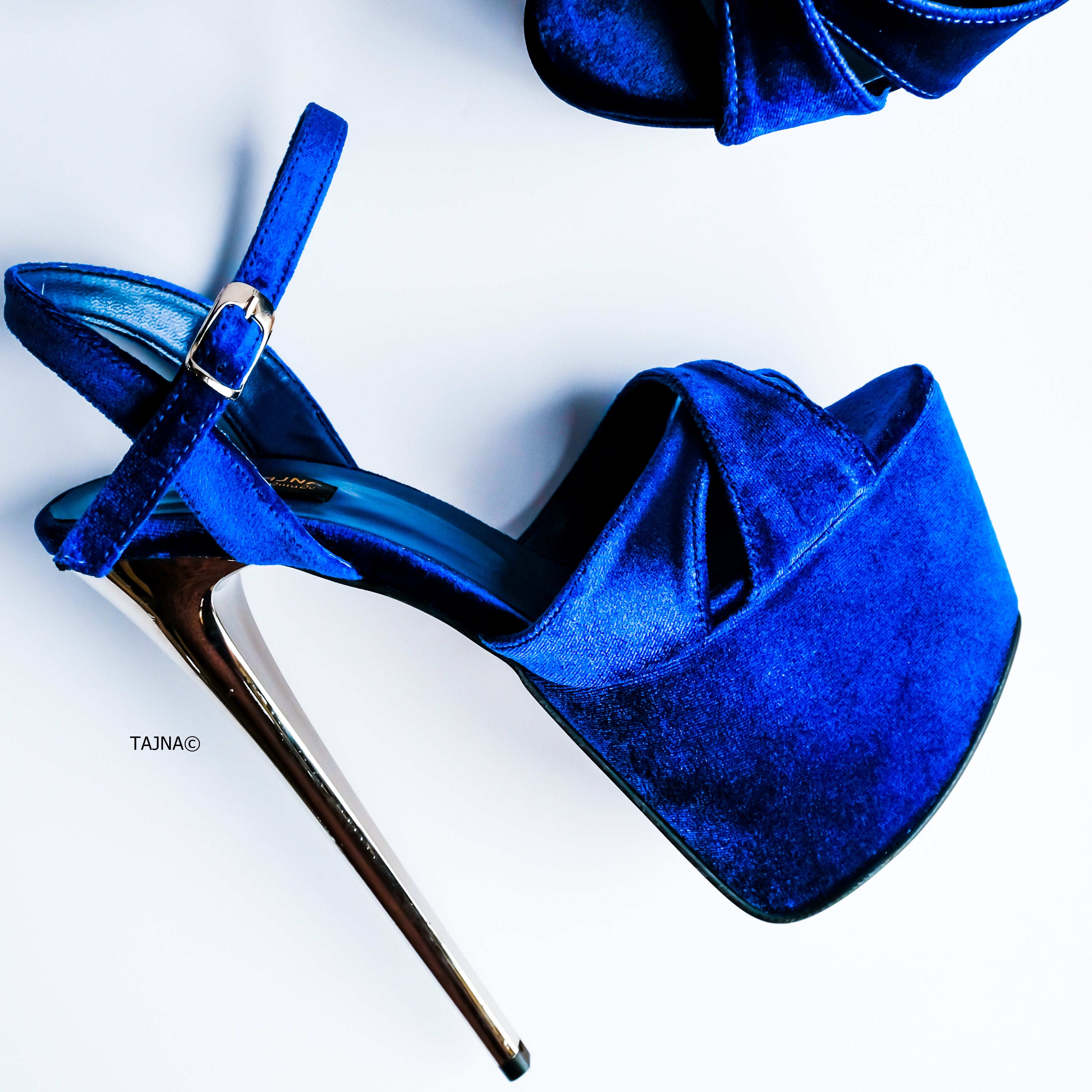 Royal Blue Velvet Metallic High Heel Sandals Tajna Club